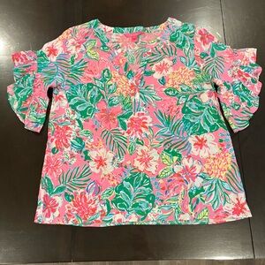 EUC LILLY PULITZER Floral Print Top Ruffle S 010640 v-neck Coquette Rayon Preppy